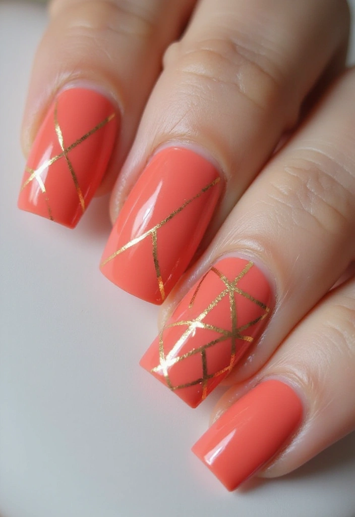 15 Trendy Coral Nails You Can Do at Home (You'll Be Obsessed with #7!) - 3. Coral & Gold Geometric Patterns