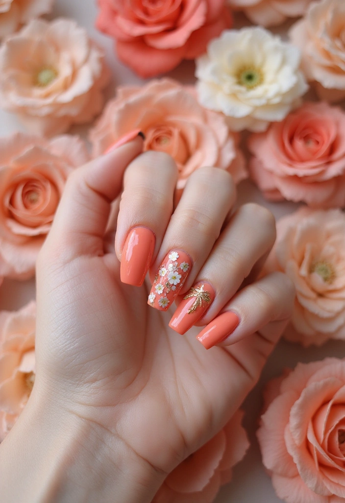 15 Trendy Coral Nails You Can Do at Home (You'll Be Obsessed with #7!) - 5. Coral Floral Accents