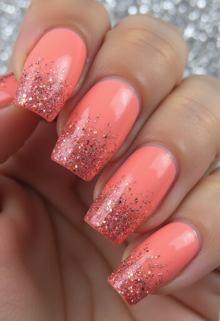 15 Trendy Coral Nails You Can Do at Home (You'll Be Obsessed with #7!) - 6. Coral Glitter Fade