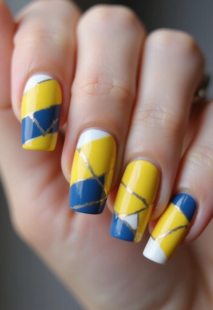 20 Lemon and Blue Nail Designs That Will Make You Squeeze for Joy! ππ - 19. Lemon & Blue Geometric