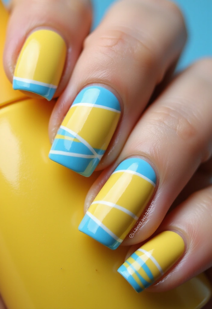 20 Lemon and Blue Nail Designs That Will Make You Squeeze for Joy! ππ - 3. Lemonade Stand Stripes