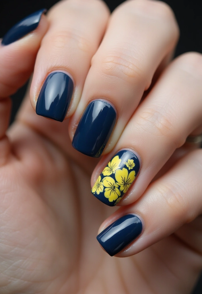 20 Lemon and Blue Nail Designs That Will Make You Squeeze for Joy! ππ - 9. Lemon & Navy Floral