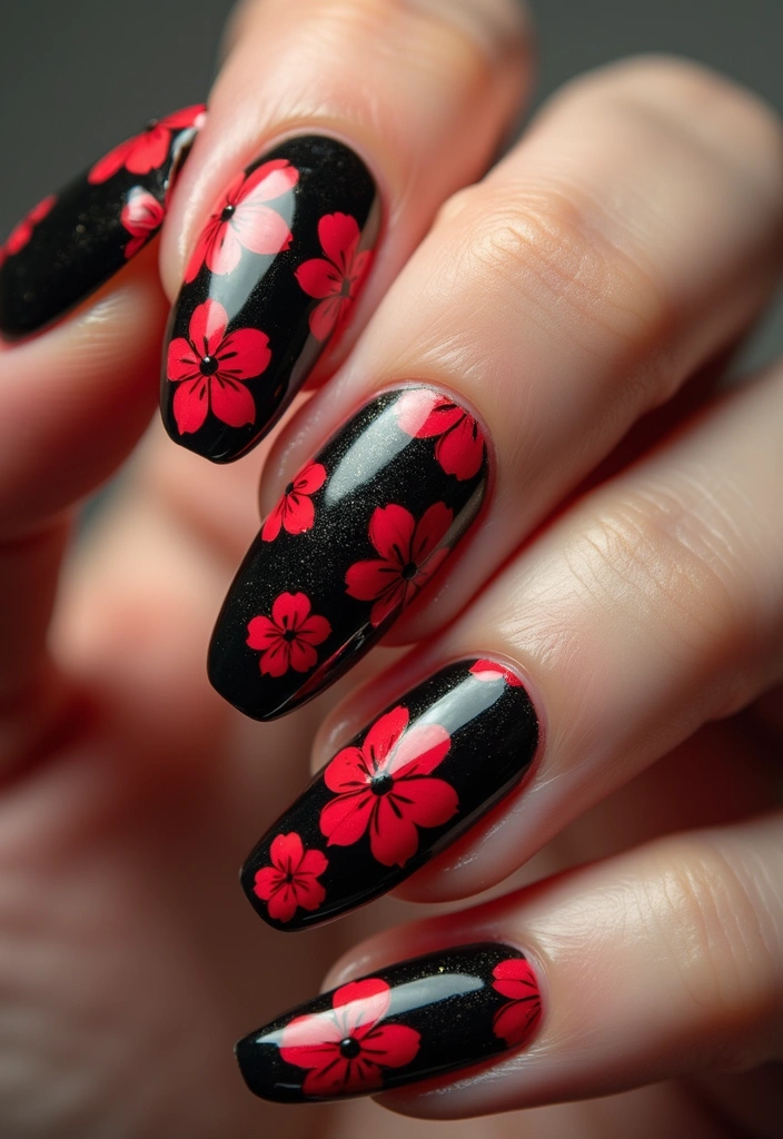 20 Stylish Black and Red Nail Designs That Will Turn Heads in 2025! - 11. Retro Flower Power