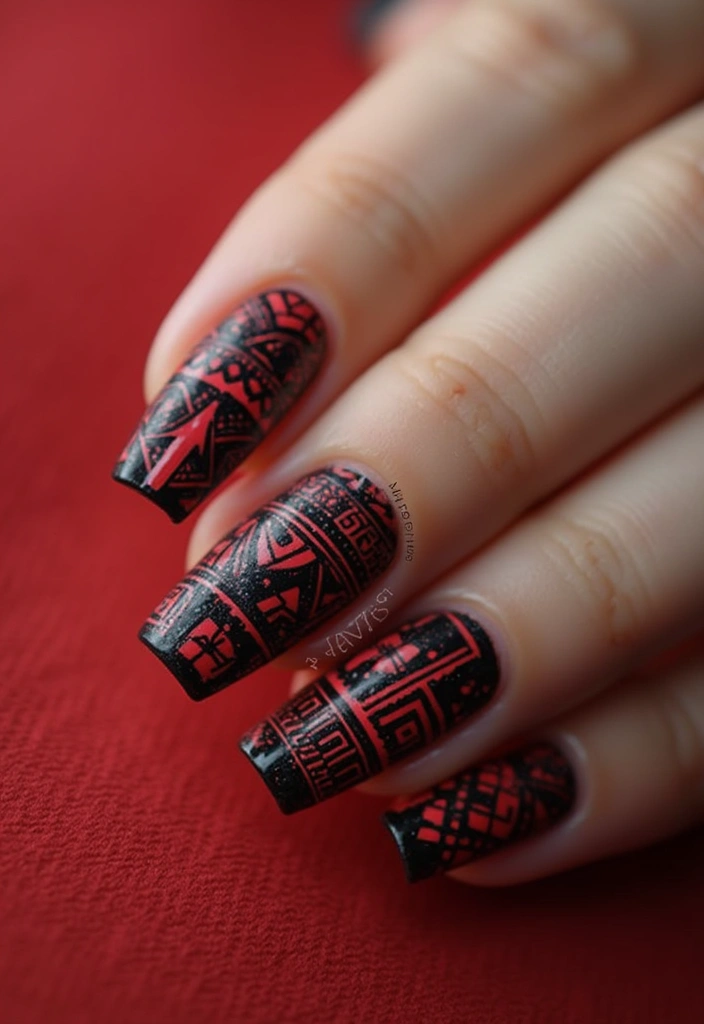 20 Stylish Black and Red Nail Designs That Will Turn Heads in 2025! - 13. Aztec and Tribal Patterns