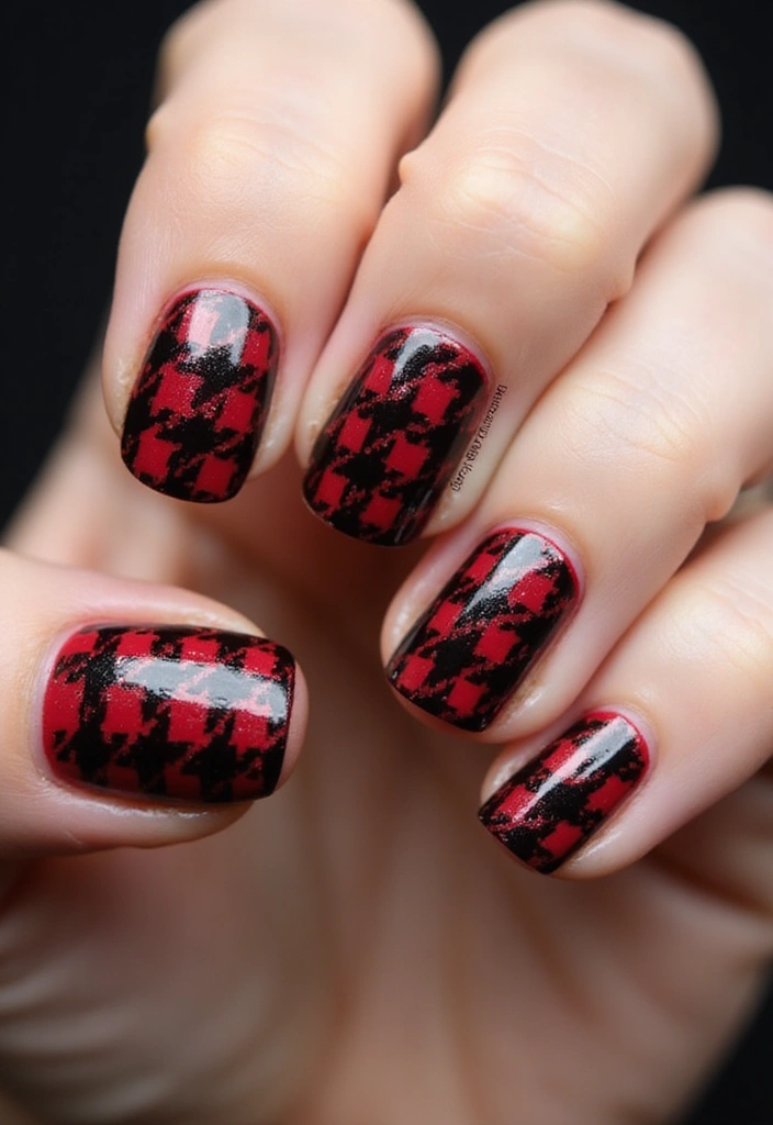 20 Stylish Black and Red Nail Designs That Will Turn Heads in 2025! - 18. Houndstooth Style