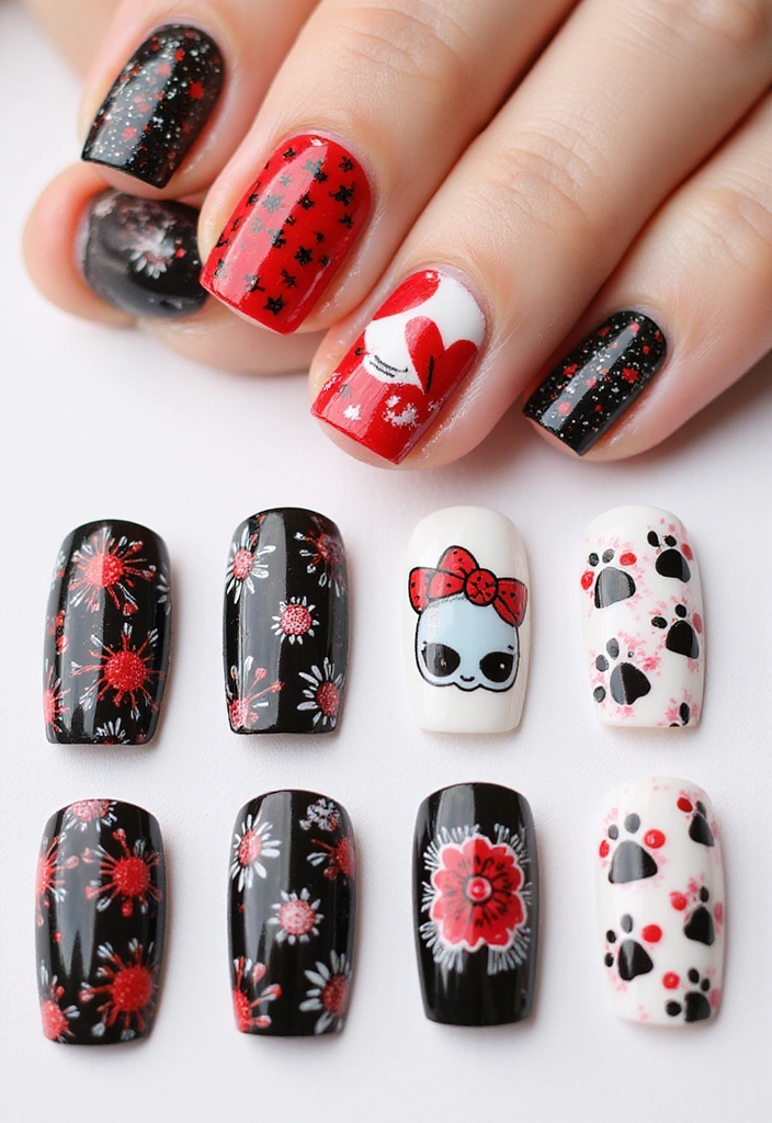 20 Stylish Black and Red Nail Designs That Will Turn Heads in 2025! - 20. Custom Nail Decals
