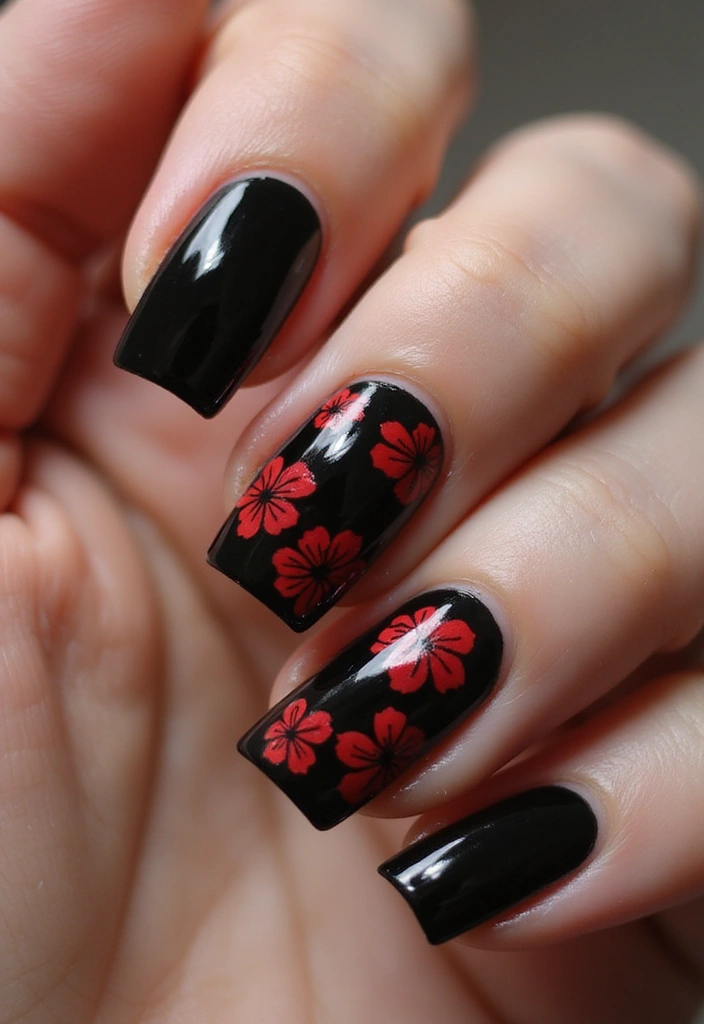20 Stylish Black and Red Nail Designs That Will Turn Heads in 2025! - 4. Floral and Dark