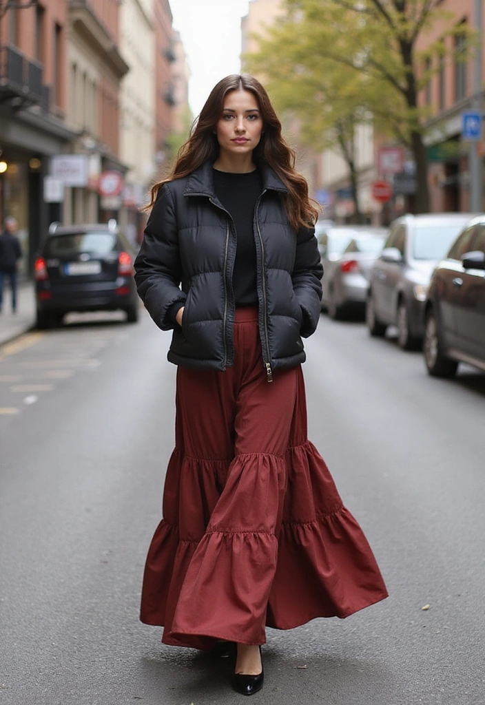 22 Street Style Outfits That’ll Make You the Trendsetter of Your Crew (You Won't Believe #10!) - 10. Unique Pairing of Puffer Jacket and Maxi Skirt