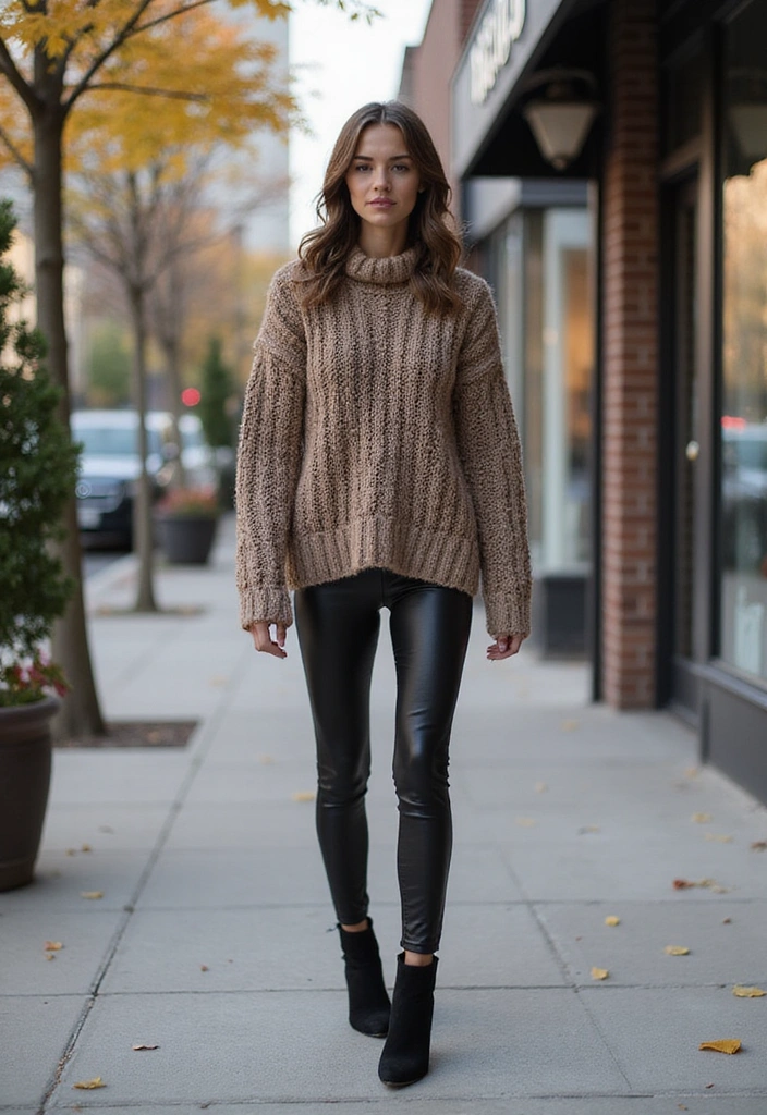 22 Street Style Outfits That’ll Make You the Trendsetter of Your Crew (You Won't Believe #10!) - 5. Chunky Knit Sweater and Leather Leggings