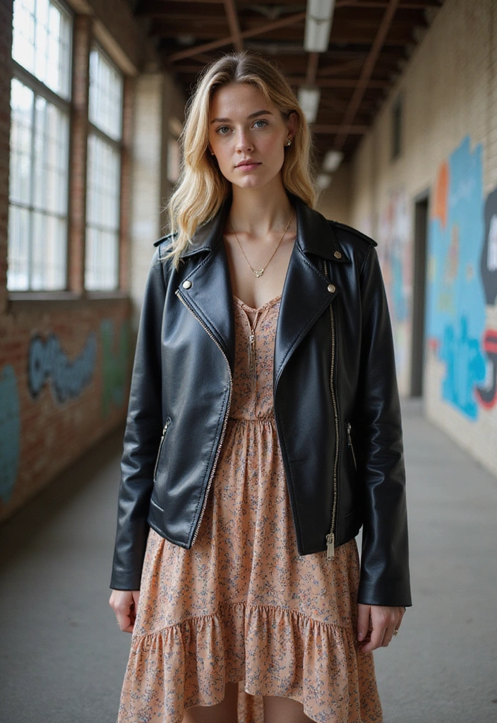 22 Street Style Outfits That’ll Make You the Trendsetter of Your Crew (You Won't Believe #10!) - 8. Edgy Leather Jacket with Floral Dress