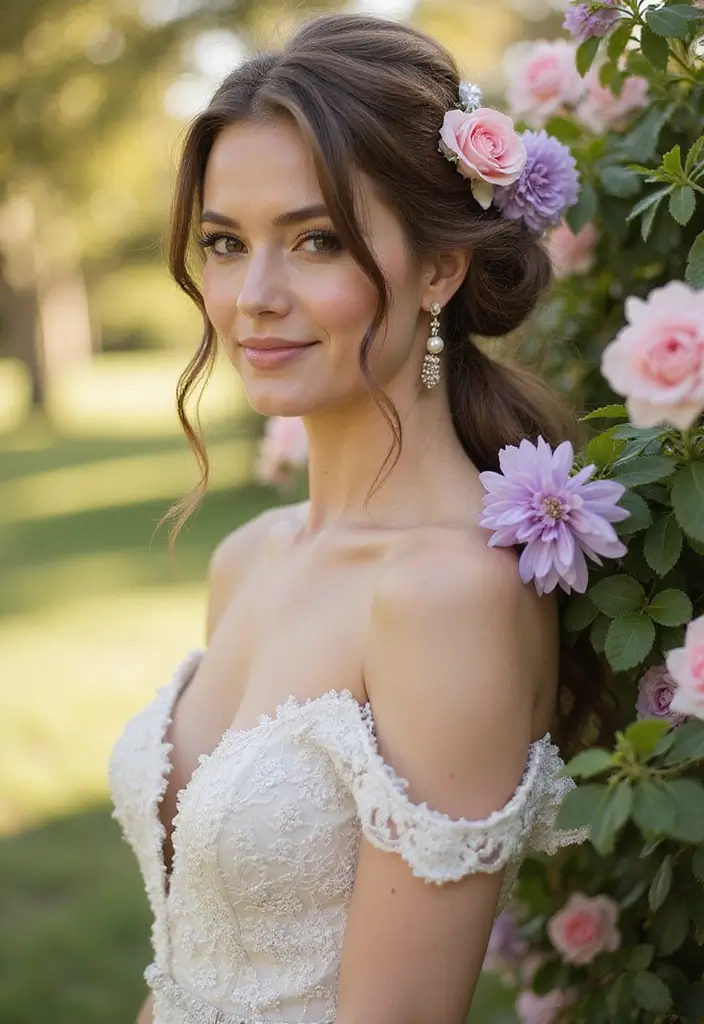 15 Trendy Wedding Hairstyles That Will Make You Say 'I Do' in Style! - 10. Floral Accent Updo
