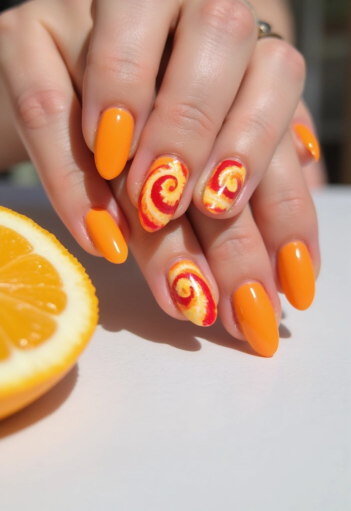 19 Citrus Nail Designs That Will Have You Feeling Fresh and Fabulous! - 3. Spicy Citrus Swirls