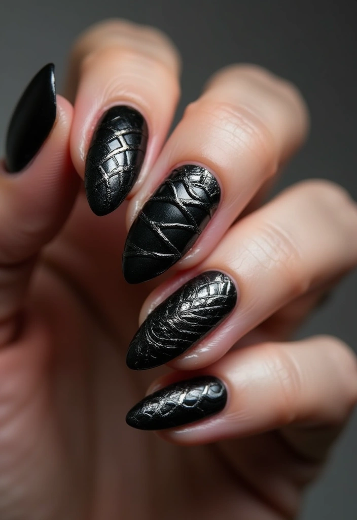 21 Estilos de Uñas Negras Elegantes que Debes Probar Este 2025 (¡El #12 es un Must!) - 11. Uñas con Detalles en Cuerda