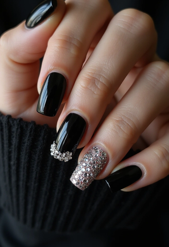 21 Estilos de Uñas Negras Elegantes que Debes Probar Este 2025 (¡El #12 es un Must!) - 12. Uñas con Estilo Swarovski