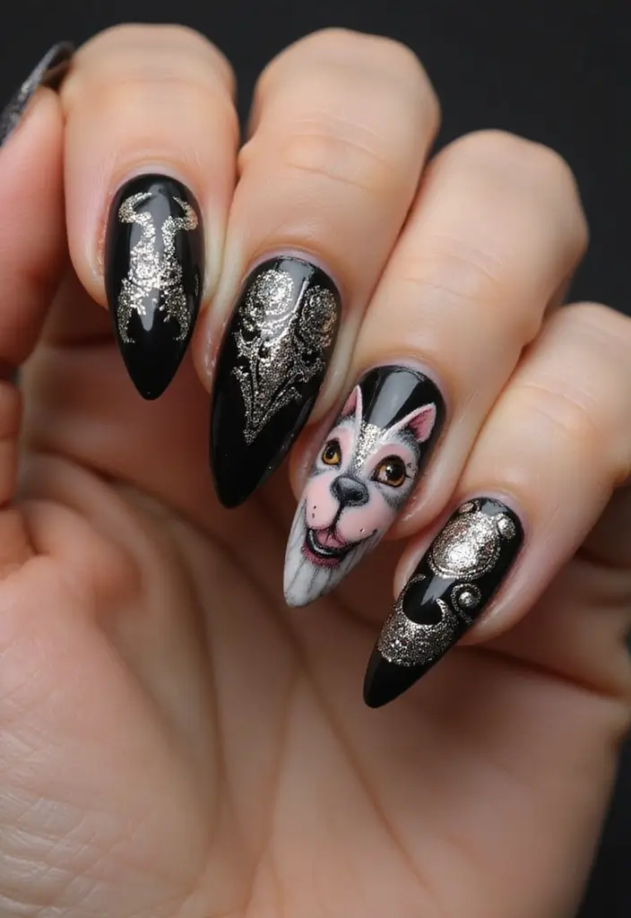 21 Estilos de Uñas Negras Elegantes que Debes Probar Este 2025 (¡El #12 es un Must!) - 16. Uñas con Dibujo de Animales