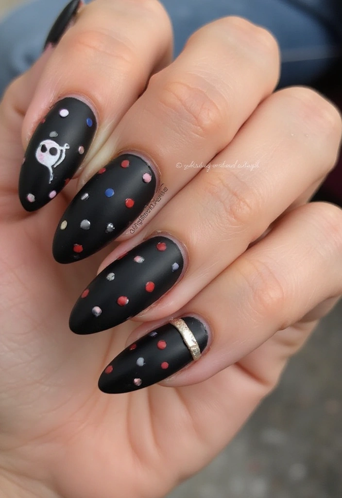 21 Estilos de Uñas Negras Elegantes que Debes Probar Este 2025 (¡El #12 es un Must!) - 18. Uñas con Puntos y Rayas