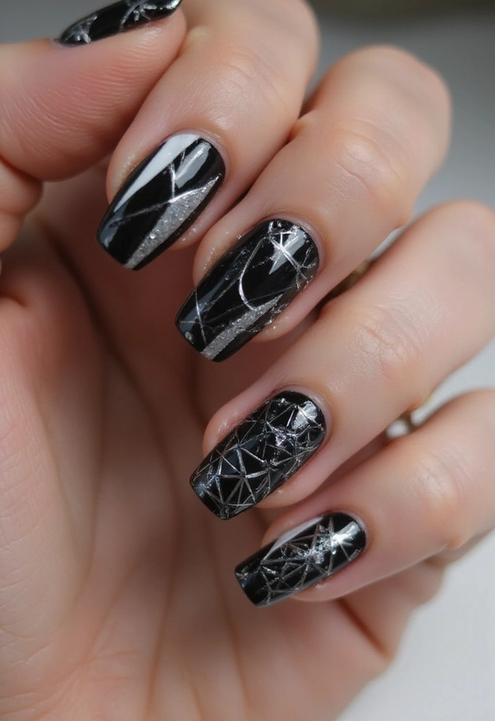 21 Estilos de Uñas Negras Elegantes que Debes Probar Este 2025 (¡El #12 es un Must!) - 2. Estilo Geométrico Minimalista