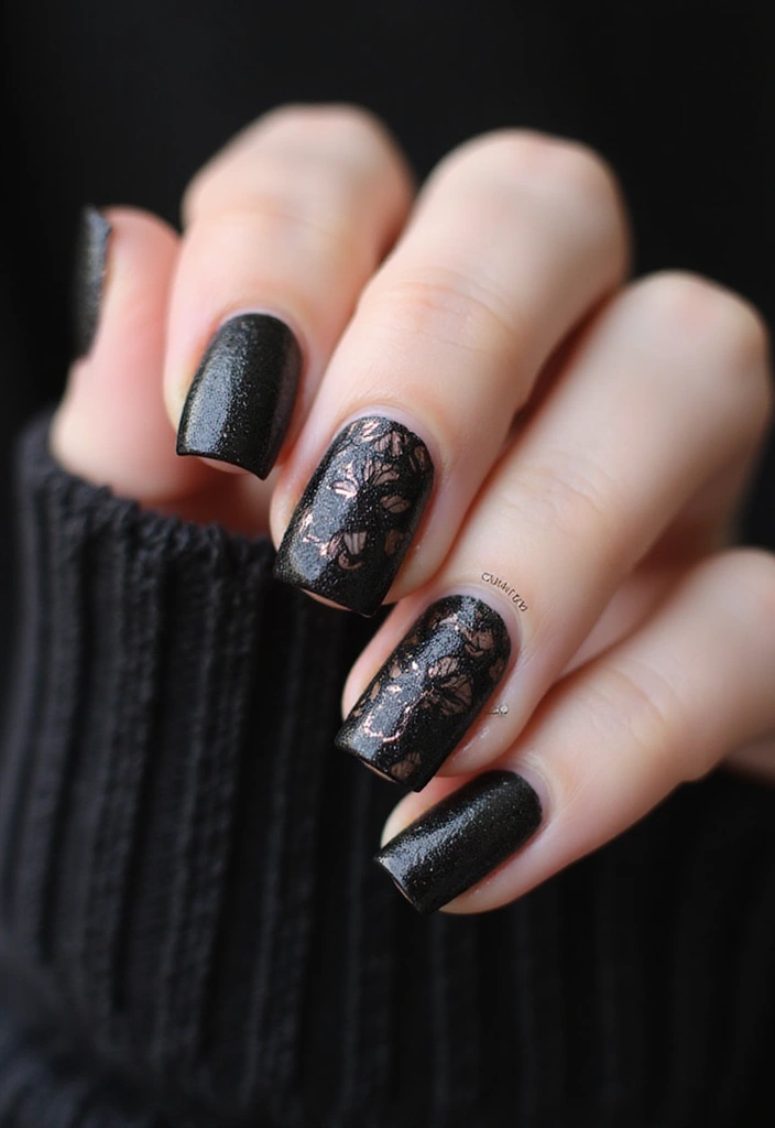 21 Estilos de Uñas Negras Elegantes que Debes Probar Este 2025 (¡El #12 es un Must!) - 20. Uñas con Detalles de Encaje