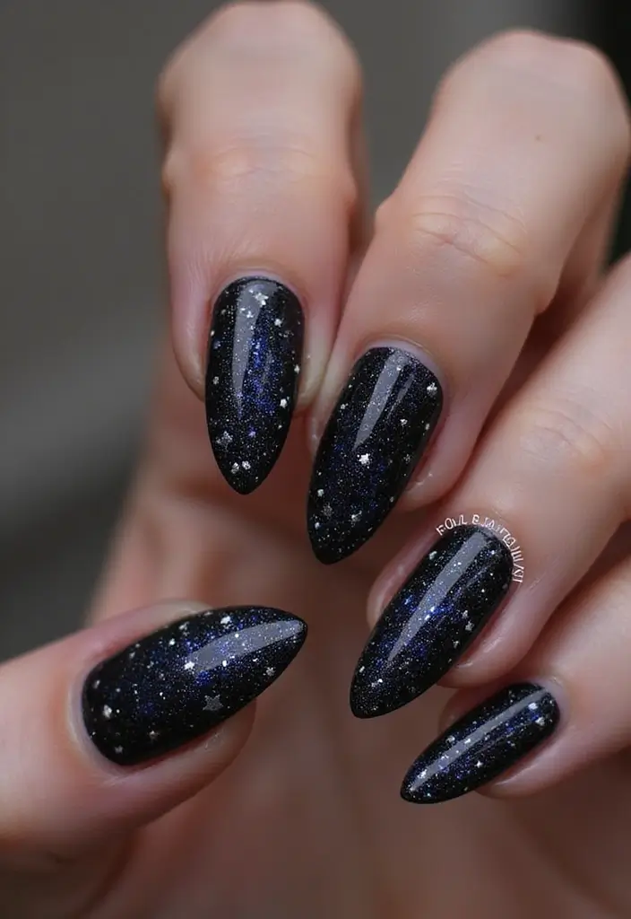 21 Estilos de Uñas Negras Elegantes que Debes Probar Este 2025 (¡El #12 es un Must!) - 21. Uñas con Arte del Cielo Nocturno