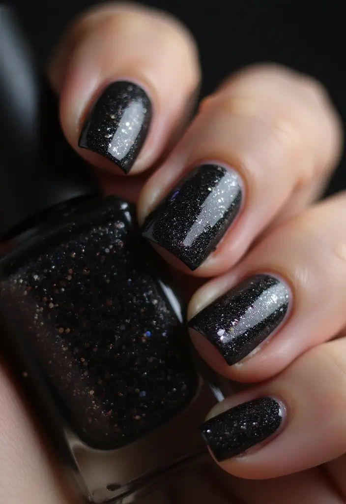 21 Estilos de Uñas Negras Elegantes que Debes Probar Este 2025 (¡El #12 es un Must!) - 3. Brillos y Glamour: Uñas con Glitter