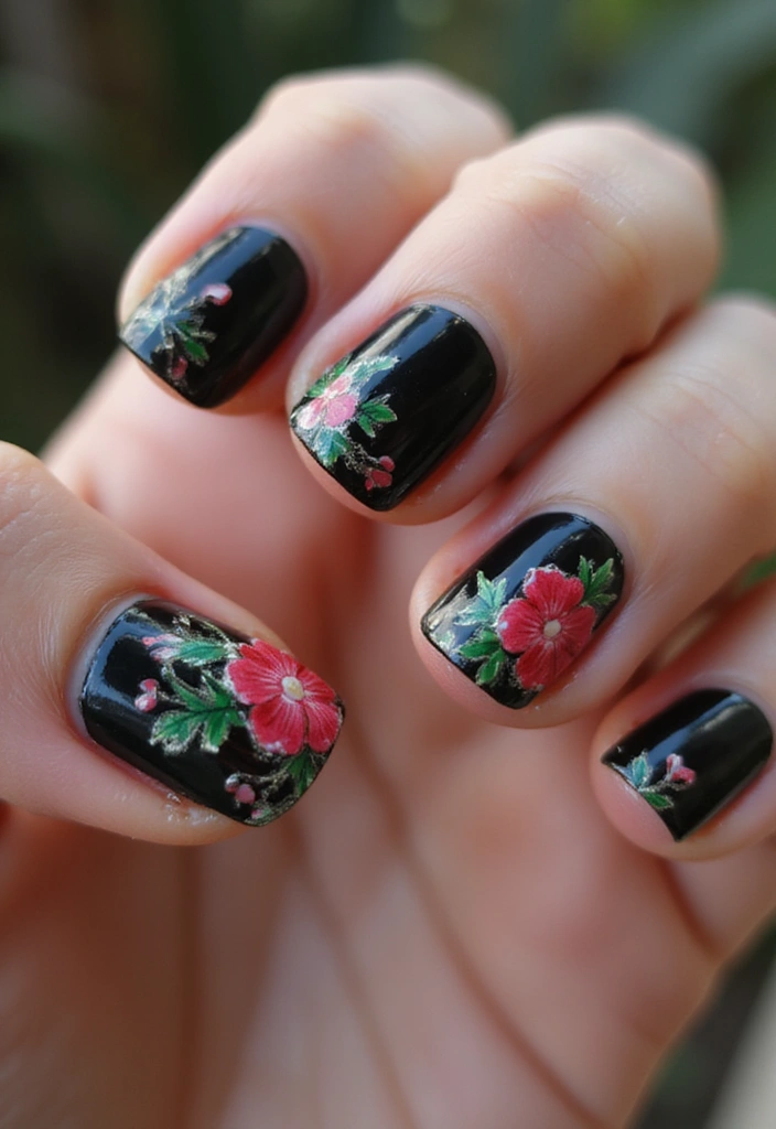 21 Estilos de Uñas Negras Elegantes que Debes Probar Este 2025 (¡El #12 es un Must!) - 6. Uñas con Diseño Floral