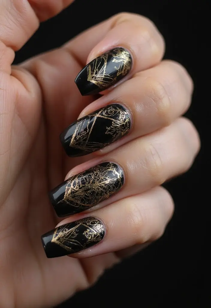 21 Estilos de Uñas Negras Elegantes que Debes Probar Este 2025 (¡El #12 es un Must!) - 9. Uñas Estilo Art Deco