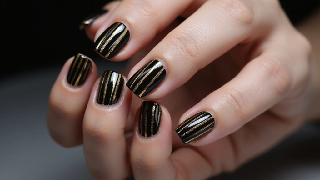 21 Ideas de Manicure Negro con Dorado que Definirán tu Estilo en 2025 (¡Imperdible el #14!) - 13. Diseño de Rayas