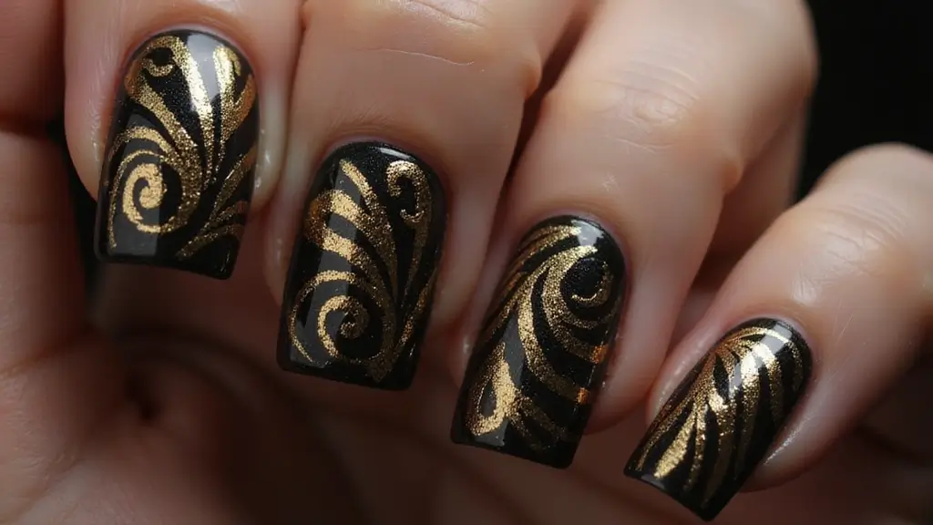21 Ideas de Manicure Negro con Dorado que Definirán tu Estilo en 2025 (¡Imperdible el #14!) - 14. Espirales Elegantes (¡Imperdible!)