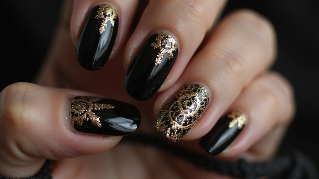21 Ideas de Manicure Negro con Dorado que Definirán tu Estilo en 2025 (¡Imperdible el #14!) - 15. Detalles en Encaje