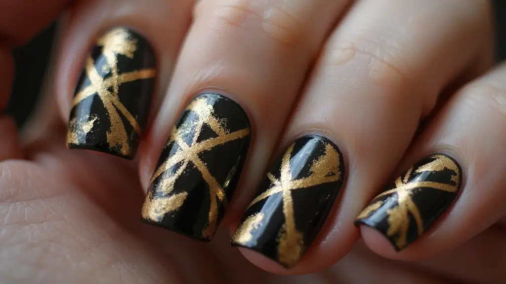21 Ideas de Manicure Negro con Dorado que Definirán tu Estilo en 2025 (¡Imperdible el #14!) - 17. Dibujo a Mano