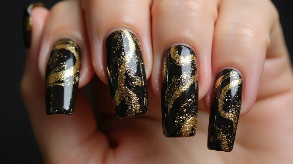 21 Ideas de Manicure Negro con Dorado que Definirán tu Estilo en 2025 (¡Imperdible el #14!) - 4. Arte Abstracto