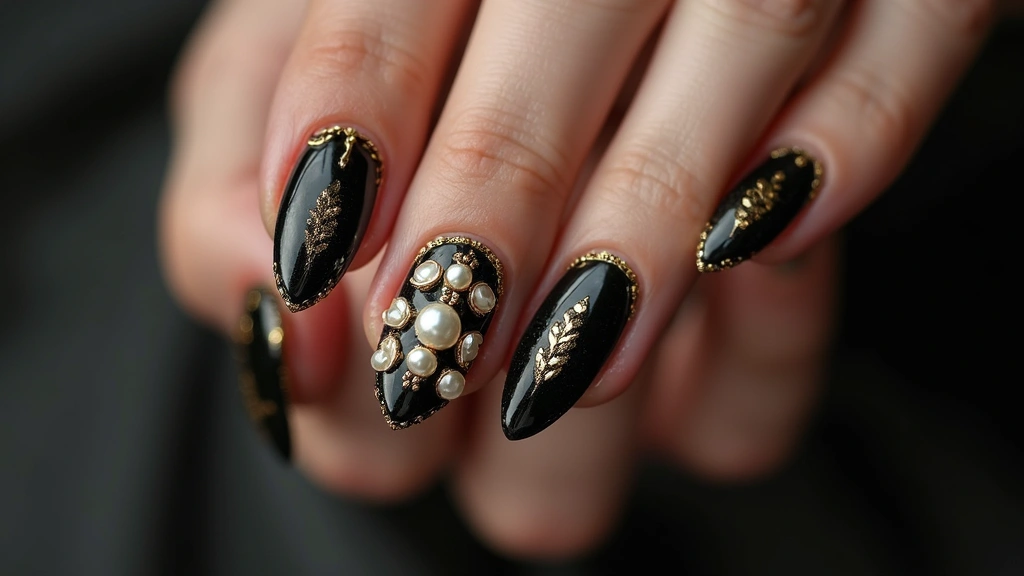 21 Ideas de Manicure Negro con Dorado que Definirán tu Estilo en 2025 (¡Imperdible el #14!) - 5. Toques de Perlas