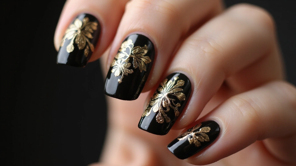 21 Ideas de Manicure Negro con Dorado que Definirán tu Estilo en 2025 (¡Imperdible el #14!) - 8. Floral Dorado