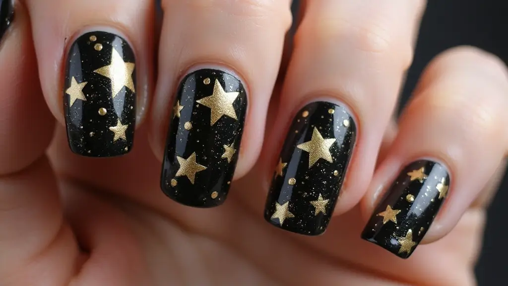 21 Ideas de Manicure Negro con Dorado que Definirán tu Estilo en 2025 (¡Imperdible el #14!) - 9. Estrellas y Brillos