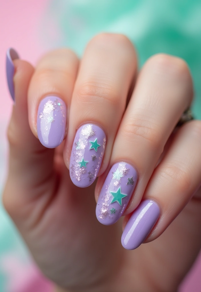21 Mint, Lilac & Pastel Green Nail Ideas That'll Leave You Breathless! - 12. Lilac and Mint Glitter Stars
