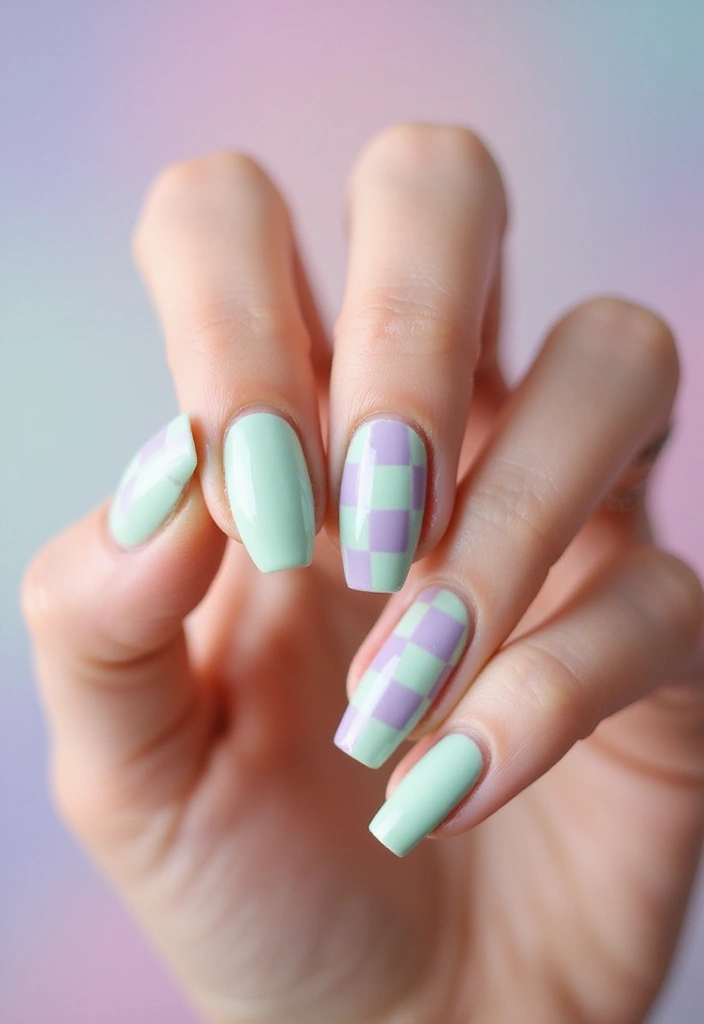 21 Mint, Lilac & Pastel Green Nail Ideas That'll Leave You Breathless! - 17. Pastel Green and Lilac Checkerboard