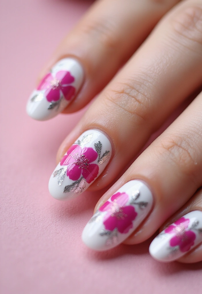 12 Unique Fuchsia and Silver Nail Designs to Rock This Year (Trust Us, #3 Is a Showstopper!) - 5. Floral Elegance