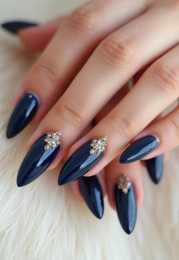 13 Creative Blue Steel and Navy Nail Designs That Are Pure Art! - 11. Jewel Accents
