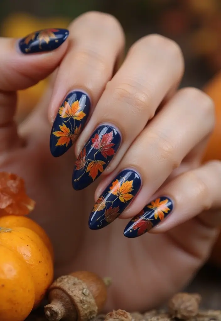 10 Stunning Fall Nails in Blue That Will Leave You Breathless! (You Won't Believe #6!) - 10. Blue and Multi-Colored Fall Leaves