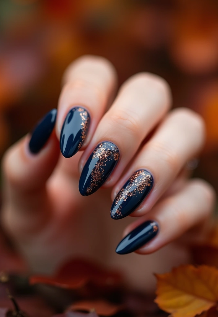 10 Stunning Fall Nails in Blue That Will Leave You Breathless! (You Won't Believe #6!) - 7. Navy Blue and Copper Glitter