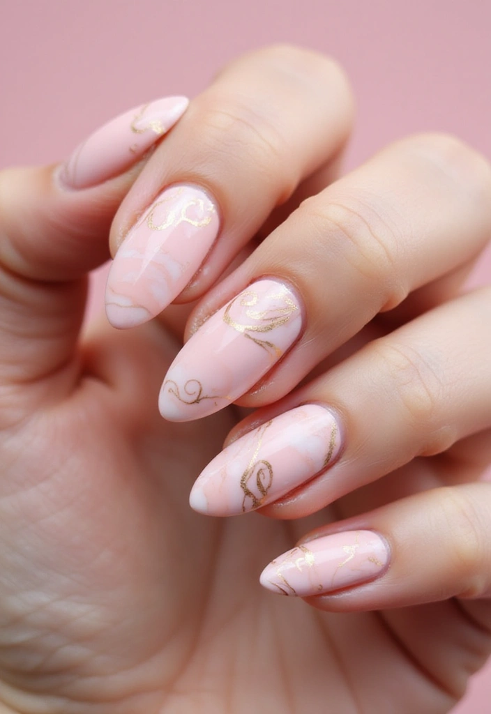 12 Stunning Marble Pink Nail Ideas That'll Make Your Friends Green with Envy! - 1. Soft Pink Marble with Gold Swirls