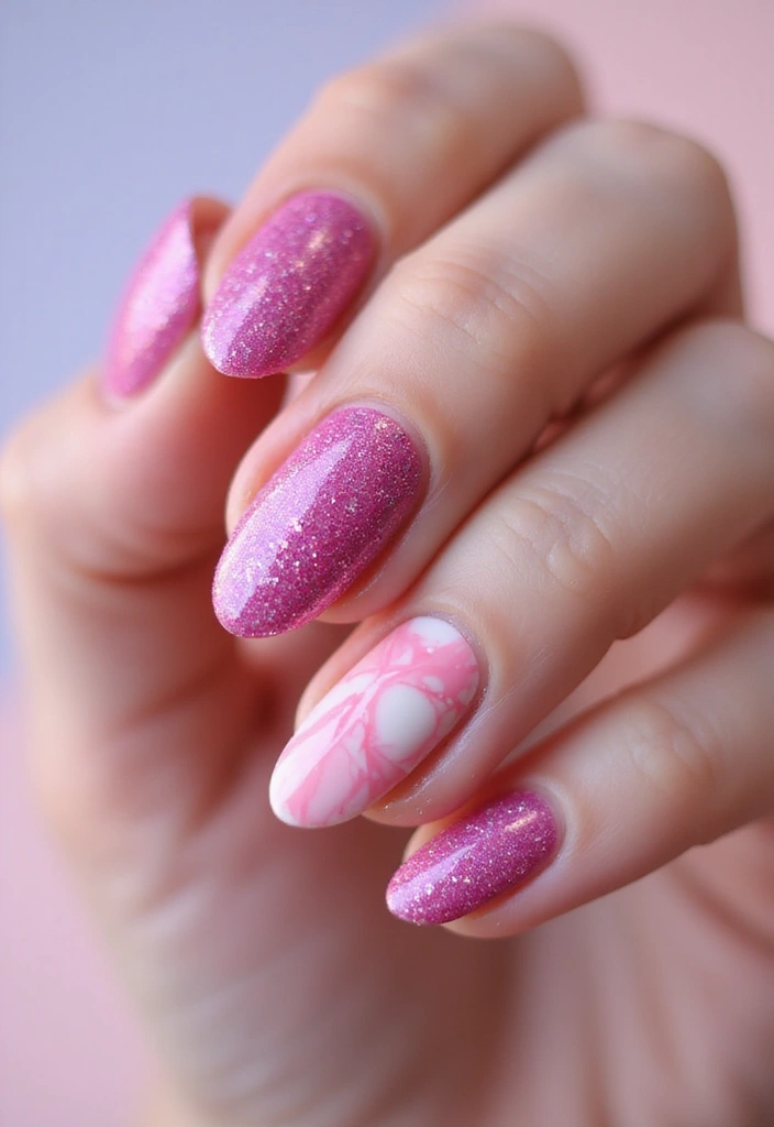 12 Stunning Marble Pink Nail Ideas That'll Make Your Friends Green with Envy! - 5. Glittery Fuchsia and Marble Pink Mix