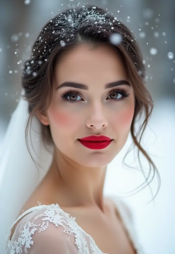 13 Glamorous Winter Bridal Makeup Looks That'll Last Through Any Snowstorm (#6 Will Blow Your Mind!) - 1. Snowy Romance: The Classic Red Lip