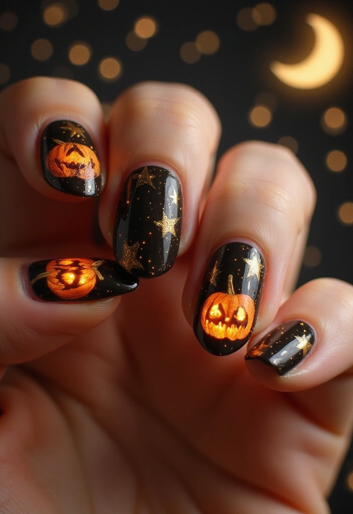 16 Pumpkin Nail Designs That Are Perfect for Fall (You’ll Love #8!) - 13. Moonlit Pumpkin Magic