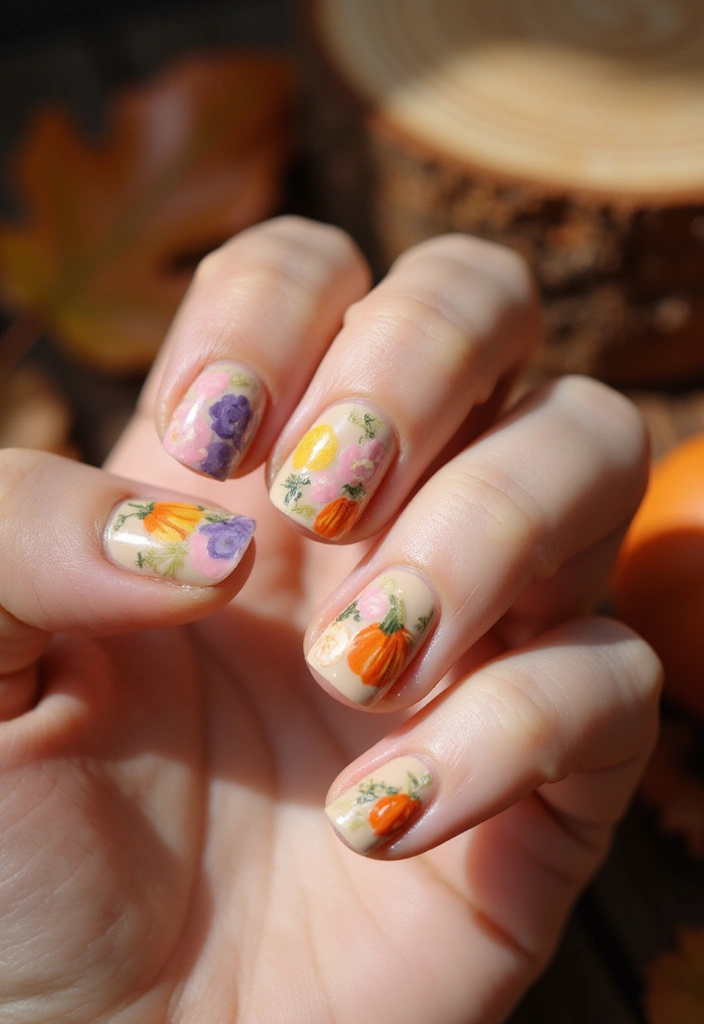 16 Pumpkin Nail Designs That Are Perfect for Fall (You’ll Love #8!) - 14. Pumpkin and Floral Combo