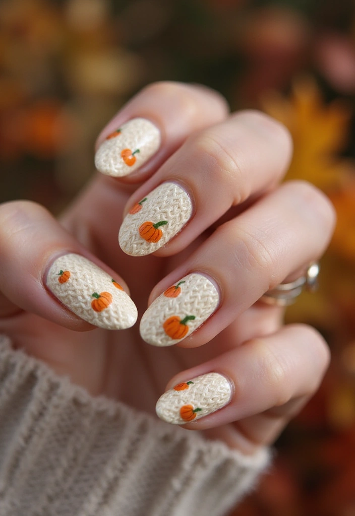 16 Pumpkin Nail Designs That Are Perfect for Fall (You’ll Love #8!) - 15. Cozy Sweater Pattern Pumpkins