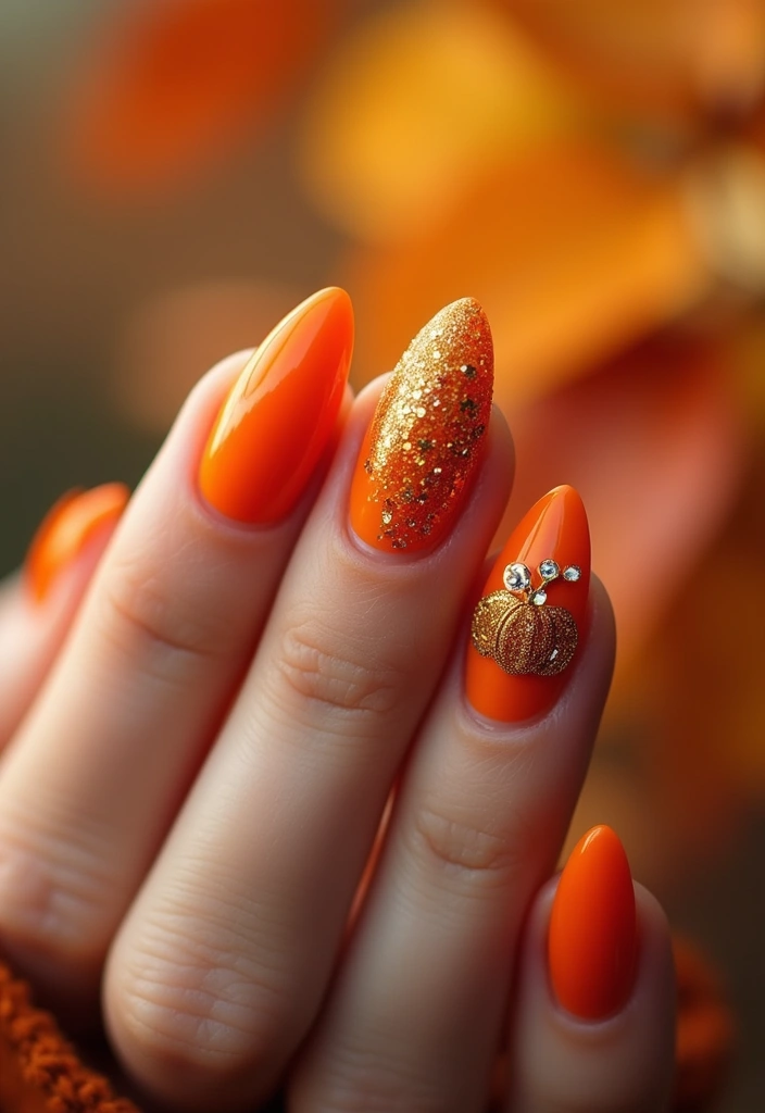 16 Pumpkin Nail Designs That Are Perfect for Fall (You’ll Love #8!) - 3. Sparkly Pumpkin Glam