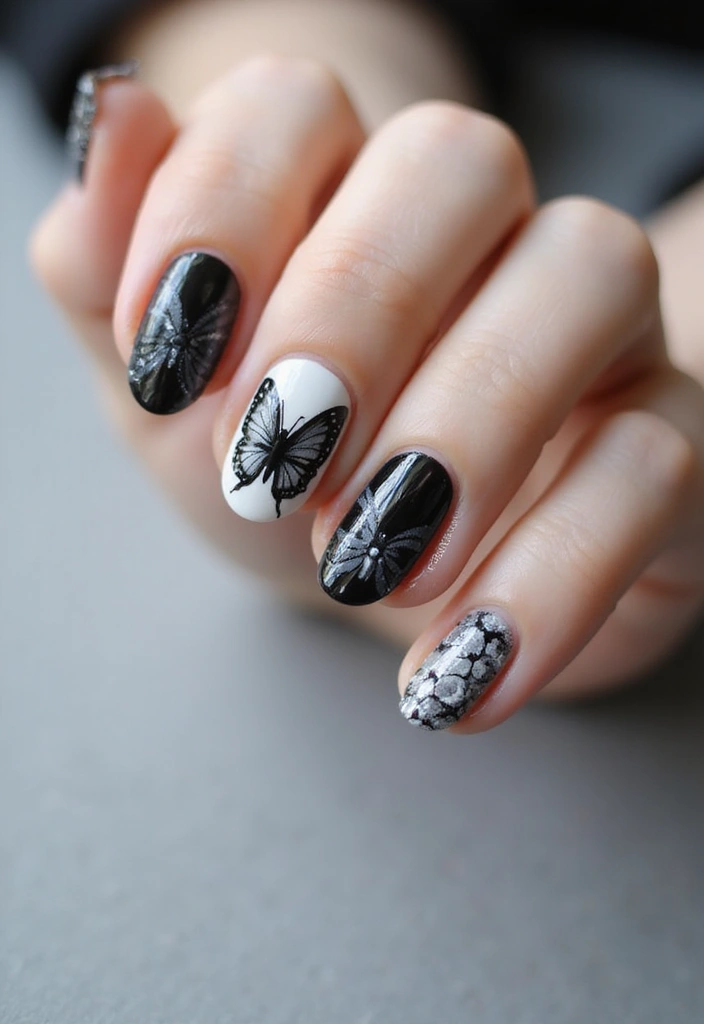 18 Trendy Butterfly Nail Manicures to Try This Season (Get Ready for Compliments!) - 11. Bold Black and White Butterflies