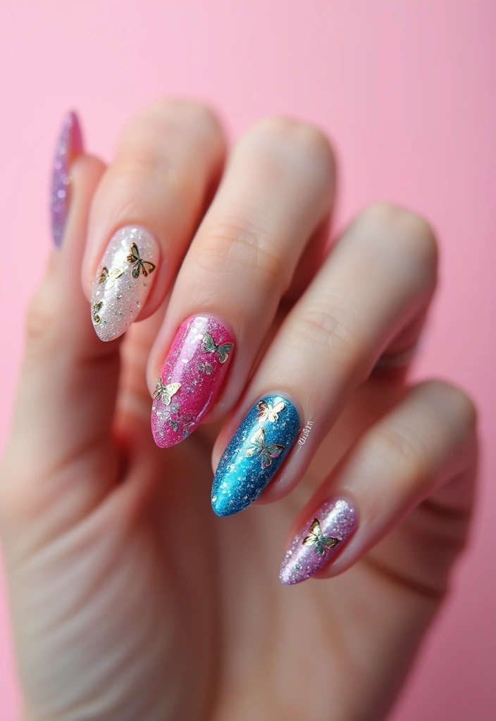 18 Trendy Butterfly Nail Manicures to Try This Season (Get Ready for Compliments!) - 18. Sparkling Butterfly Combos