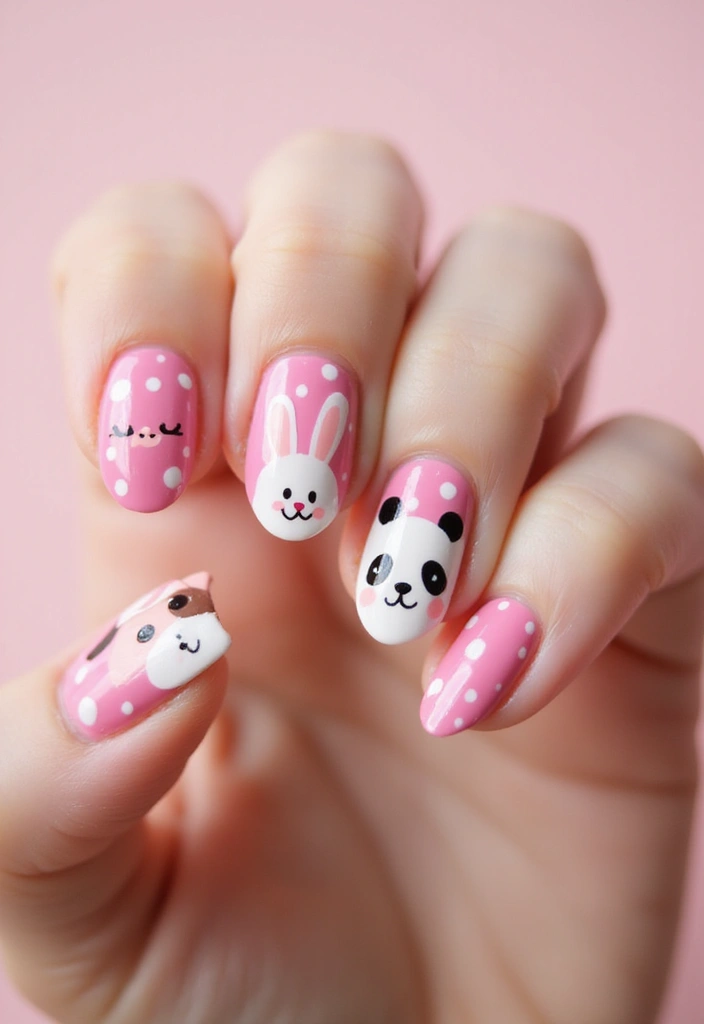 20 Cute Pink and White Polka Dot Nail Designs That Will Brighten Your Day! - 13. Cute Animal Inspired Dots